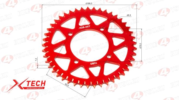 Венец, звезда ведомая (428H-45) X-TECH PIT BIKE 125-190 4х90х76 алюминиевая с самоочисткой